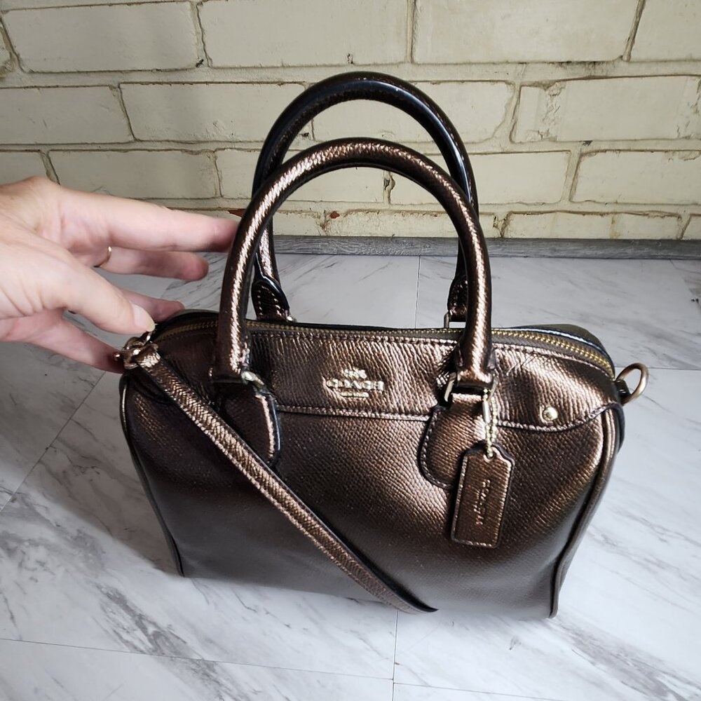 Like New Coach Bennett Satchel Bronze Leather Shoulder Crossbody Bag Purse - Picture 5 of 14